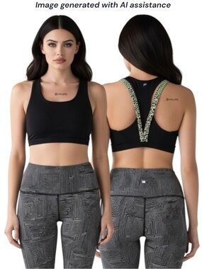 Fabletics M black with animal print detail in Back sports bra